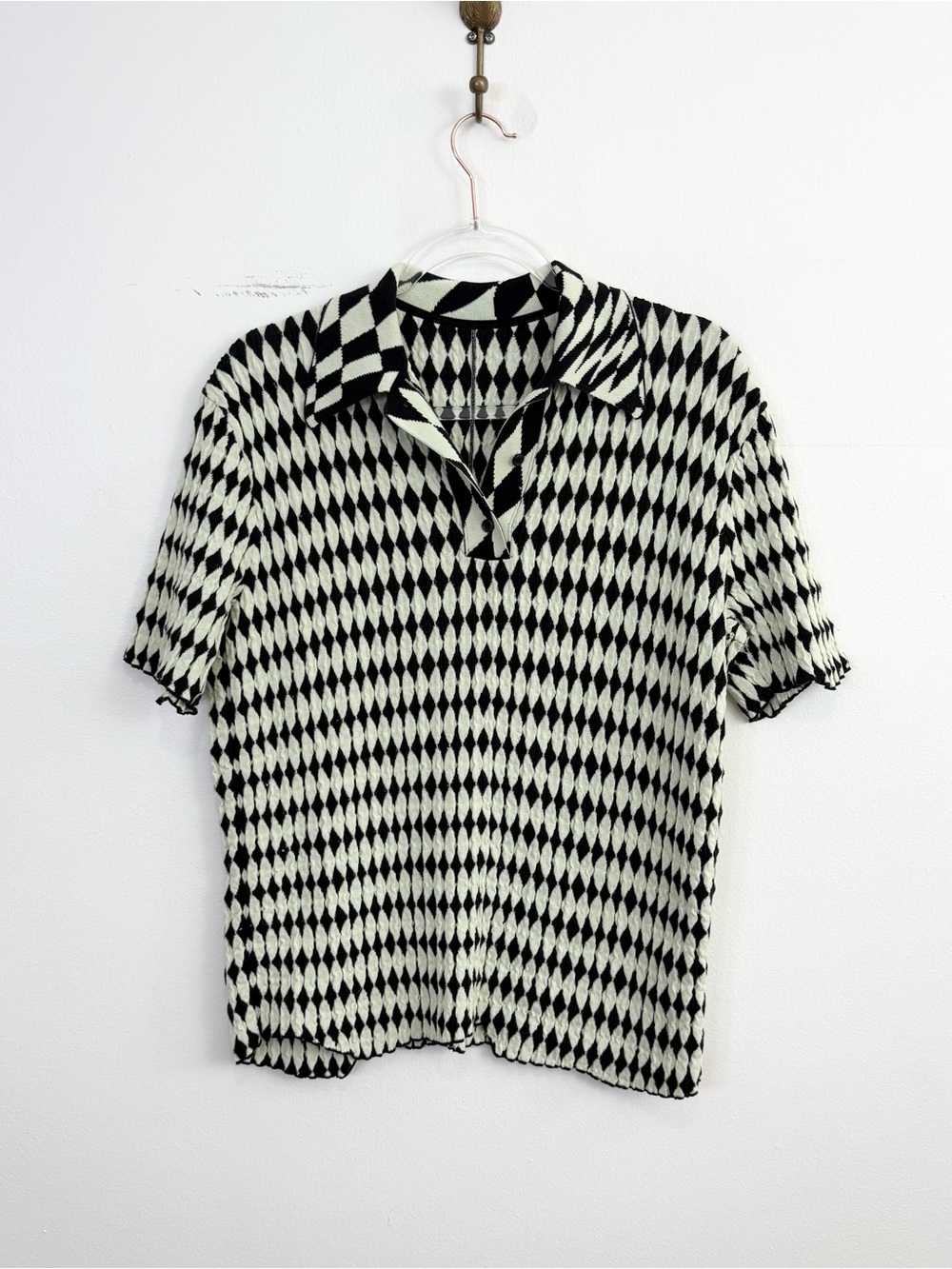 JNBY Textured Diamond Knit Polo Top Light Green Black Size S
